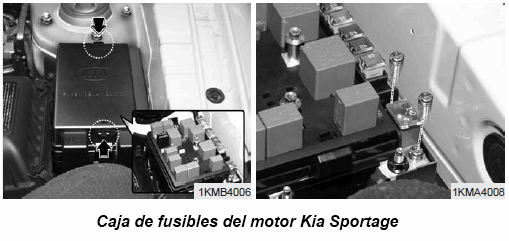 Caja de fusibles en el compartimeinto del motor del Kia Sportage
