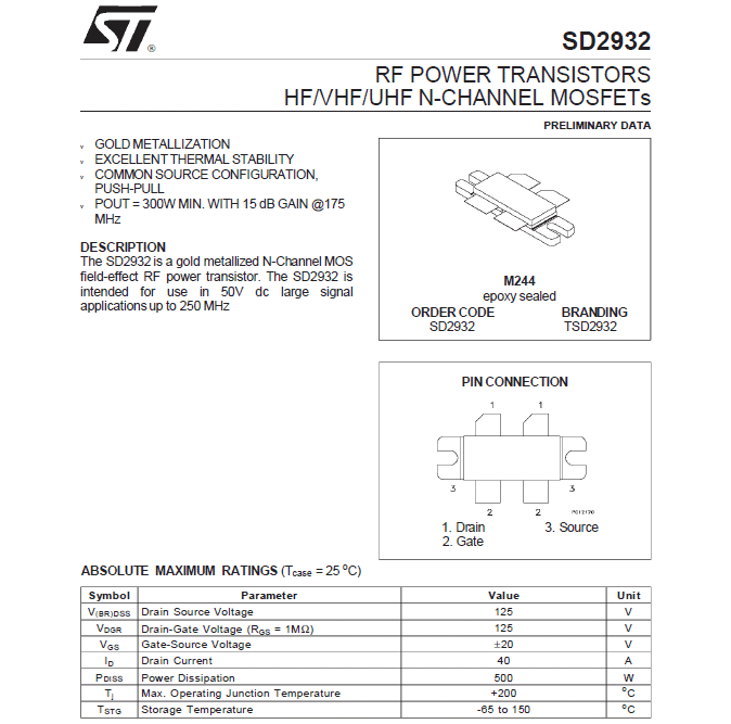 Hoja de datos del MOSFET SD2932: Especificaciones